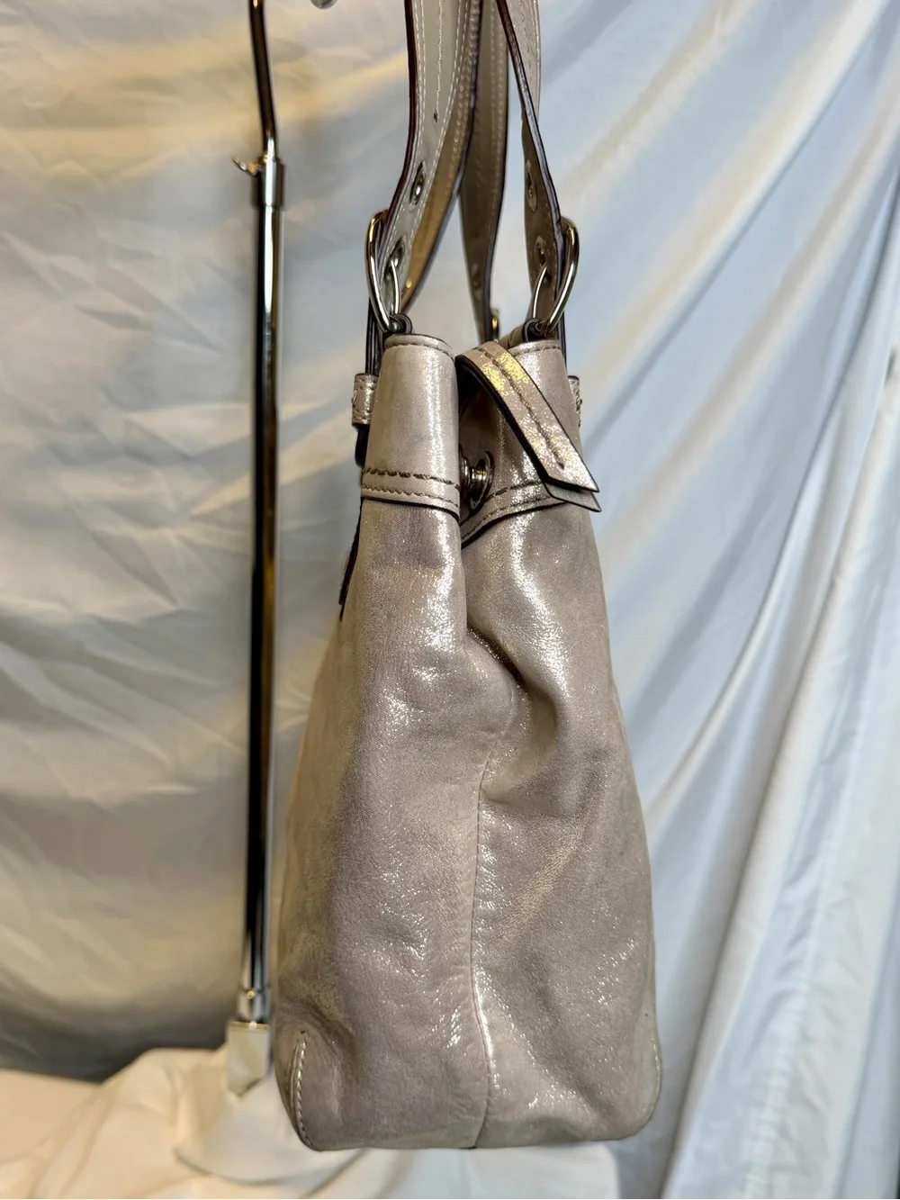 COACH SoHo Pleated Leather Metallic Champagne Silver Gold Tote Shoulder Bag